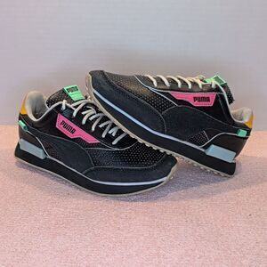 PUMA Future Rider Unisex Kids Black/Pink Leather Sneakers Lace Up 4C
